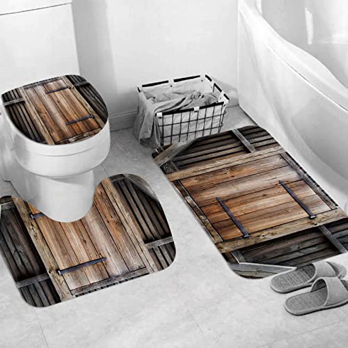 JIFOME Juego de 3 Alfombrillas de baño de Microfibra,Puerta de Madera rústica de Madera de Granero, Antideslizante Alfombra de baño, Lavable a máquina para bañera en Forma de U