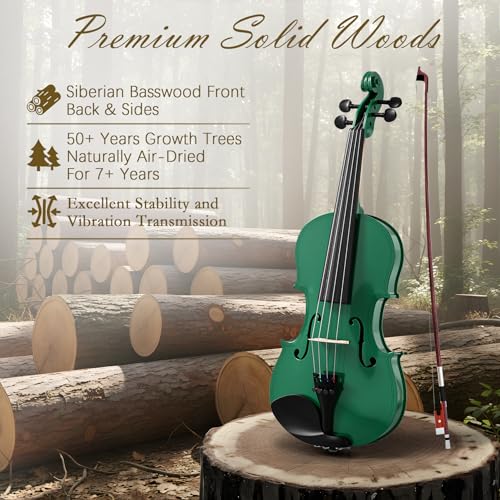 Image of 4 /4 Full Size Beginner Violin, Acoustic Fiddle Set for Adults, Teens, and Students (Age 12+), with Case, Bow, Bridge, and Rosin (Green)