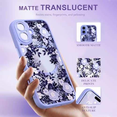 Image of Magnetic for iPhone 17 Case for Women Girls, Purple Floral | Cute Flower Pattern Design [Compatible with MagSafe] [Full Camera Protection] Slim Shockproof Translucent Matte Cover