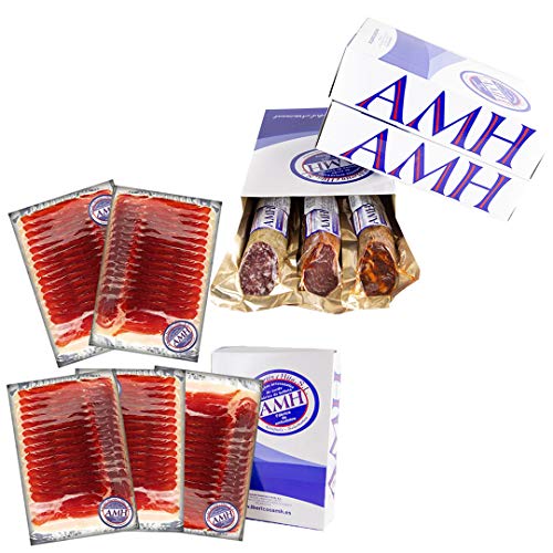 LOMO, CHORIZO Y SALCHICHÓN DE BELLOTA IBÉRICOS(Estuche con piezas 600gr aprox.) + 5 SOBRES DE JAMÓN (sobres de 100 grs).Amador Martín AMH.ENTREGA 24-72 HORAS.