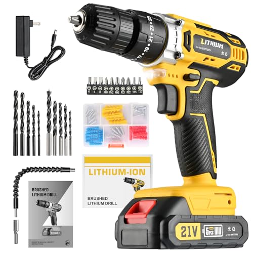 WEMARS 21V Cordless Drill Driver, 3/8 inch Chuck, Lithium-Ion Battery with Accessories Kit Electric Drills for Home (Yellow)