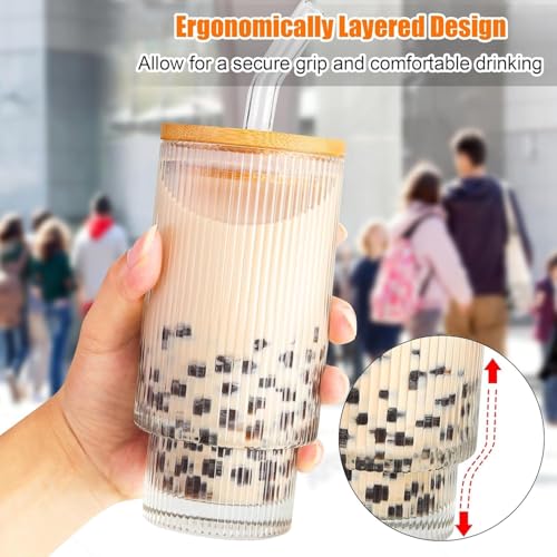 Image of ANKUL Ribbed Drinking Glasses Tumbler Set of 1 Wooden Lids and Straws - 300ml Clear Fluted Textured Vertical Stripe Glass Sipper Iced Coffee Cups for Beer-Cocktail-Beverage (1, Lining)