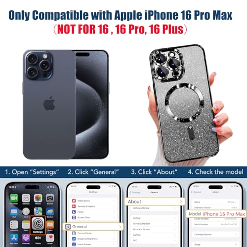 Image of Misscase for iPhone 16 Pro Max Magnetic Glitter Case Compatible with MagSafe,Camera Lens Protector Full Protection Elegant Anti-Scratch Dust-Proof Net Case Cover for iPhone 16 Pro Max Black