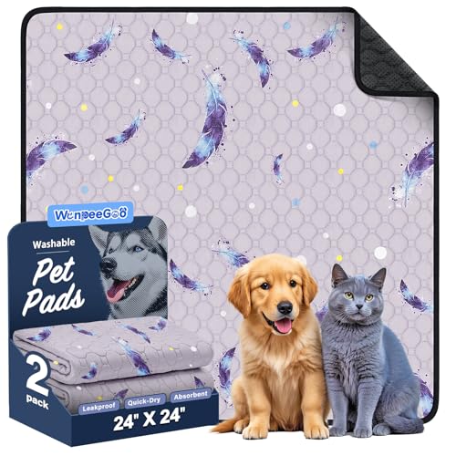 Image of WanpeeGoo Washable Pee Pads for Dogs, 2Pack Reusable Puppy Pads, Super Absorbent & Leakproof Dog Pads, Anti-Slip Dog Pee Pads for Puppy Training & Incontinence, Feather Pattern 24 inchx24 inch