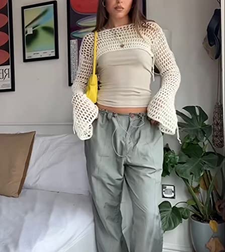 Women's Knit Crochet Crop Tops Long Sleeve Beach Cover Ups Hollow Out Off-Shoulder Y2K Pullover Fishnet T-Shirt3