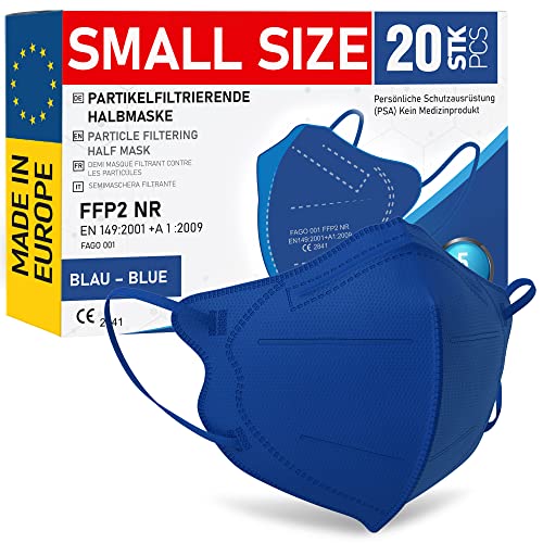 FiRiO® 20x Masque FFP2 Petite Taille S [MADE IN EUROPE] - Bleu FFP2 Petite Taille Certifié CE Selon EN149:2001+A:2009 - Masque FFP2 Bleu - FFP2 Small Size Couleur Bleu - 20x Masque FFP2 Petit Visage Cover