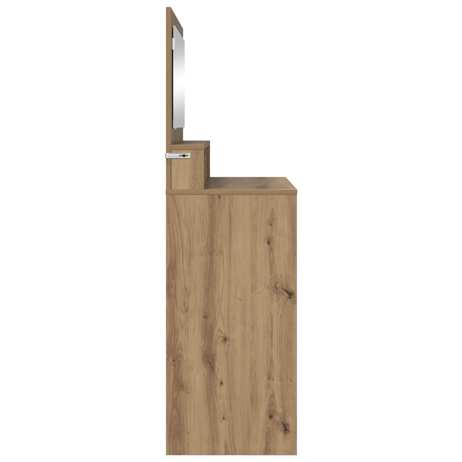 Tavolo da trucco in legno ingegnerizzato rovere artigianale con specchio piano e cassetto silenzioso, mobiletto consolle per camera da letto, postazione make up salvaspazio funzionale