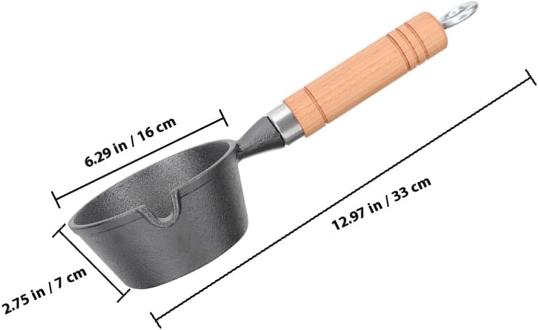 Cast Iron Small Saucepan with Spout 16Cm Mini Pour Oil Pot Wooden Handle Butter Warmer Pan for Stovetop Cooking and Melting Butter