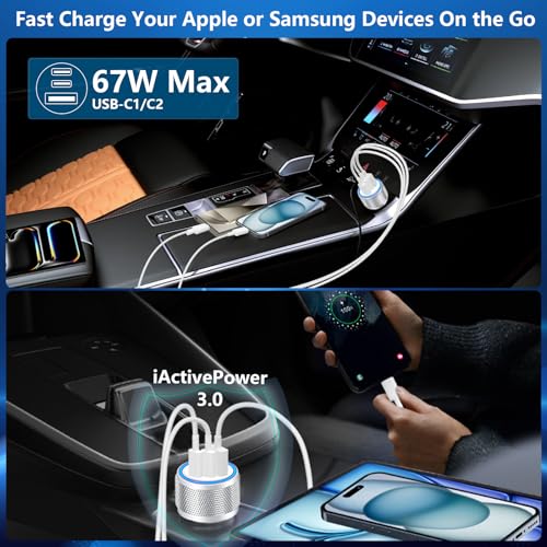 Image of USB C Car Charger, Rombica 2Pack 3Port 67W Dual USB-C&USB-A Car Power Cigarette Lighter USB Charger 3 in 1 PD /QC Type C Car Charger Fast Charge for iPhone 17 17 Pro 16 15 14 13 12 /Galaxy S26 S25 /Pixel