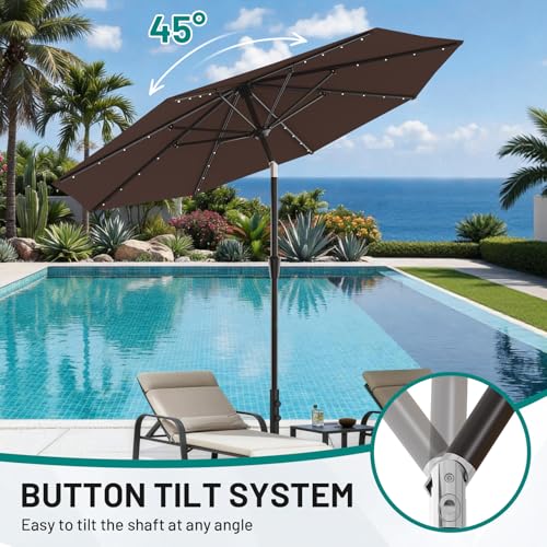 Image of AreShark 9FT Patio Umbrella with Solar Lights, 32 Lighted Pool Umbrella w /Tilt and Crank, Outdoor Table Solar Umbrellas for Garden, Deck, Backyard, Pool and Beach, Light Brown