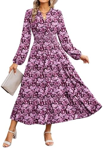 Women Long Sleeve Midi Dress, Boho Floral Casual Flowy A Line Dre...
