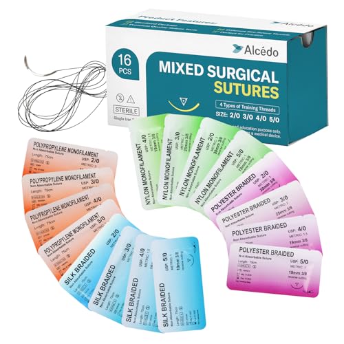 Alcedo Suture Thread with Needle 16 PK (2/0, 3/0, 4/0, 5/0), Non-Absorbable (Nylon, Silk, Polyester, Polypropylene) for Nursing and Students, First Aid Practice Kit Accessories, Education Only