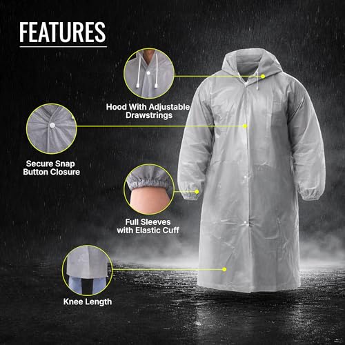 Image of Robustt EVA Reusable Raincoat with Hood (Dark Grey) - Pack of 1 | Elasticated Full Sleeves Outdoor Waterproof Raincoat for Men & Women | Rainwear | Button Closure | Knee Length | Universal Fit