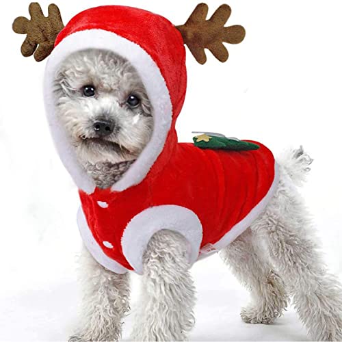 Dog Christmas Costumes, Pet Cold Weather Sweater Coat, Puppy Santa Claus Reindeer Outfit Winter Hoodie Warm Vest Clothes, Jumpsuit Apparel for Small Medium Dogs Cats Party Cosplay (Medium, Red)