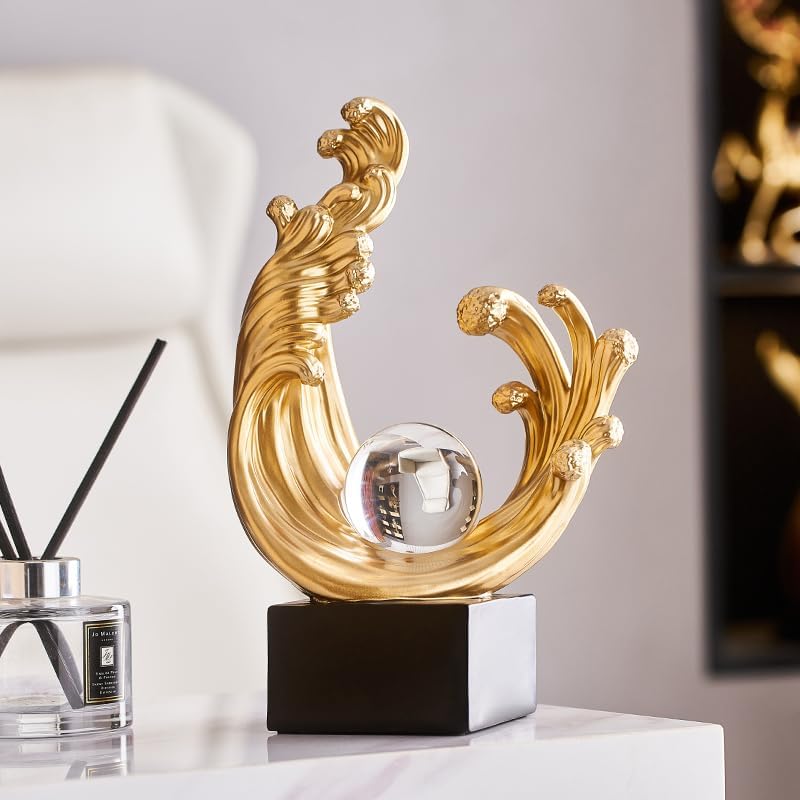Modern Abstract Decorative Wave Statue, Gold Abstract Art Home Decor,Crystal Ball Art Wave Resin Sculpture, Office Desk Stand, Dining Table Center Decorative Aesthetics(A,Gold) - Image 4