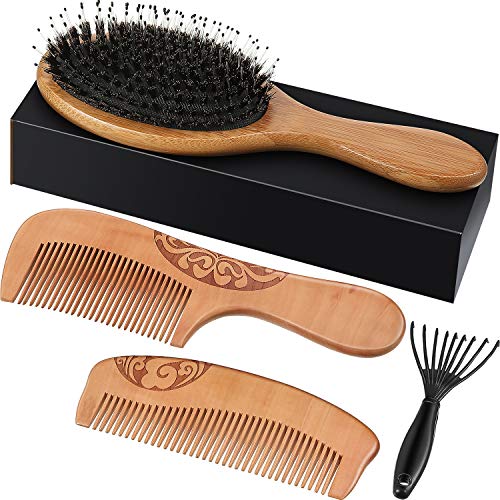 Boar Bristle Hair Brush Soft Bristle Hair Brush for Women and Men with 2 Pieces Natural Wooden Hair Combs for Long Short Curly Hair