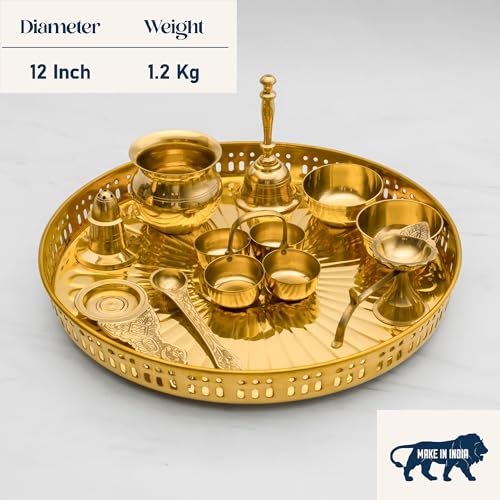 Image of Mkd2 Rise Brass Puja Thali Set (12 inch, Gold) - Set of 10 Pieces | Traditional Pooja Thali Plate | Puja Set for Home Decor, Temple, Office, Wedding and Return Gifts