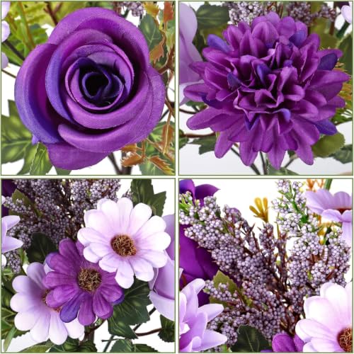 Image of Artificial Flower Bouquet for Home Decoration - 2 Pcs Faux Rose & Daisy Bouquet (Without Pot) Artificial Flowers for Living Room, Bedroom, Office, Vase Decoration (Purple)