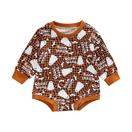 Image of Unisex Baby Girl Boy Halloween Outfit Oversized Sweatshirt Romper Long Sleeve Pumpkin Pullover Top Fall Winter Clothes (D Ghost Letter-Brown,12-18 Months)