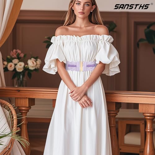 SANSTHS Vintage Stretchy Belt for Women, Womens Wide Elastic Belts for Dresses Coats, Fashion Womens Belts with Gold Buckle