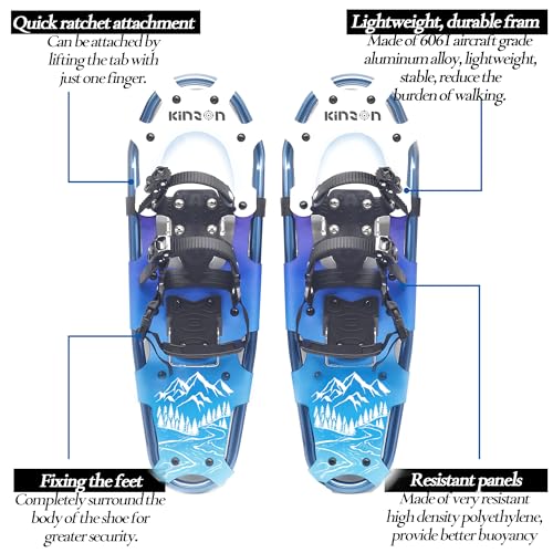 KinZon 3-in-1-Schneeschuhe, leicht und robust, mit Trekkingstöcken und Tragetasche, Fersenerhöhung, perfekt zum Wandern (Blau, 63,5 cm (für 54-86 kg))