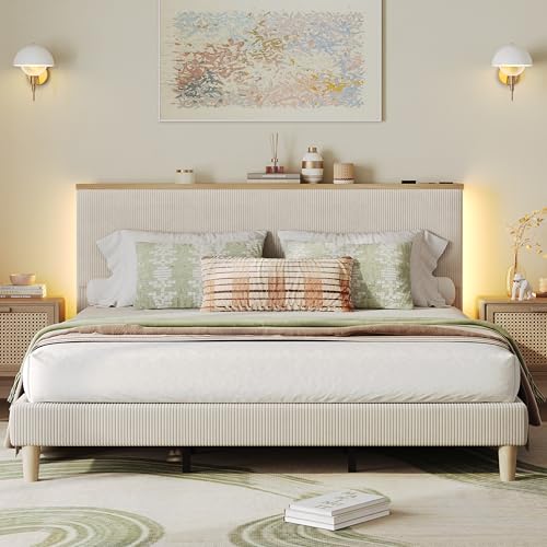 Image of Bestier King Bed Frame with Storage Headboard & LED, Upholstered, Beige