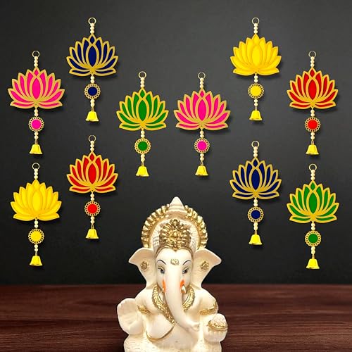 Image of Rajasthan Kraft Handmade Pack of 10 Colorful MDF Lotus Hanging with Pom Pom & Bell Traditional Wall Decor for Makar Sankranti, Lohri, Wedding Decoration Multicolor Lotus Decor 8 Inch (RK-H-199-10)