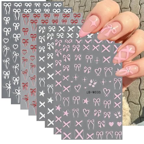Heart Bows Nail Art Stickers Valentine's Day Nail Supplies 3D Self Adhesive Hearts Nail Sticker Heart Love White Red Pink Bow Tie Nail Design Heart Bow Nail Decals for Women Manicure Fingernail Daily