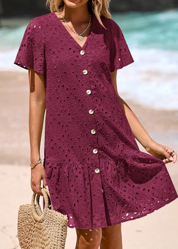 Image of KIRUNDO Eyelet Dresses for Women Button Down Mini Babydoll