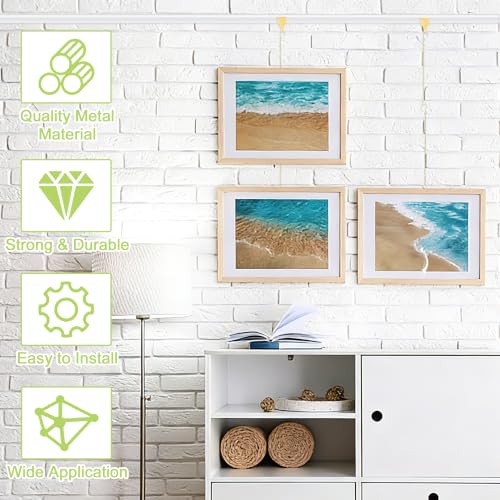 Image of Picture Hanging Kit-10Pcs Frame Rail Hooks with 10Pcs Chains, Metal Rail Hanging Hooks Art Display Hanging System for Wall Picture, Exhibition(Gold-B, 50CM)