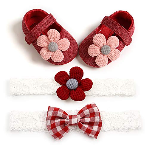 Baby Girls Floral Princess Mary Jane+2 Headband Set Soft Cloth Crib Gift Box Set (Red, 0-6 Months)