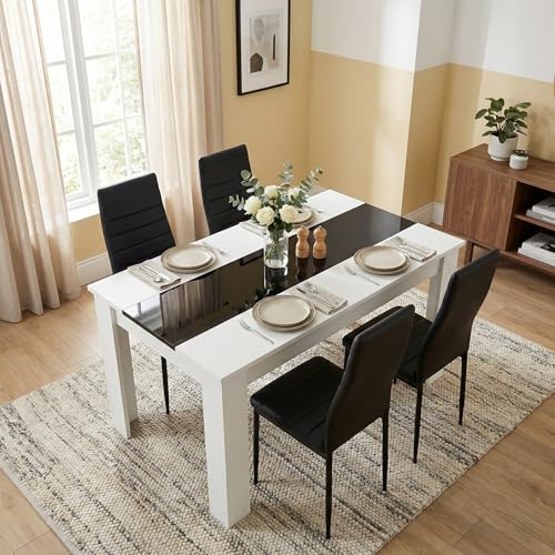 Blisswood Dining Table and 4 Chair Set, PU Leather Chairs, 17mm Thick Table Tabletop 120x80 cm, kitchen table, Modern Design Wooden dining Table Set for Home furniture (White & Black, Black Chair)