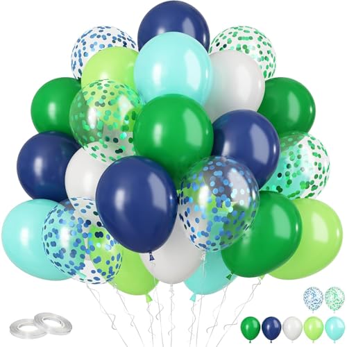 Image of Blue and Green Balloons 60PCS Green and Blue Balloon Set, 12 Inch White Metallic Confetti Latex Balloon for Jungle Dinosaur Kids Boys Birthday Baby Shower Wedding Graduation Party Decor