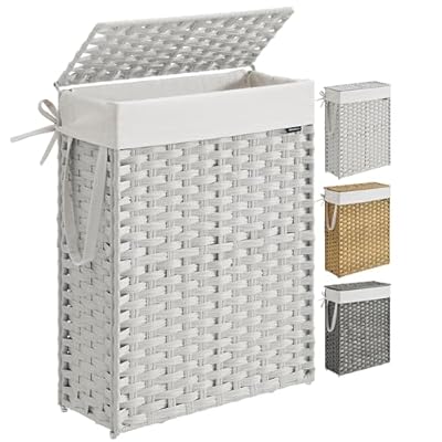 SONGMICS Slim Laundry Hamper with Lid, 14.5 Gallon (55L) Rattan Clothes Laundry Basket with Lid and Handles, Foldable, Removable Liner, Cloud White ULCB164W01