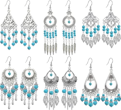 6 Pairs Bohemian Turquoise Dangle Earrings for Women Antique Silver Teardrop Tassel Long Earrings Boho Vintage Jewelry Set