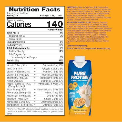 Image of Pure Protein Complete Protein Shake, Frosted Cereal, 30g High Protein Drink, Less than 1g Sugar, 4g Fiber, Ready to Drink, Non GMO, On-the-Go Shakes, 11oz Bottles, 12 Pack