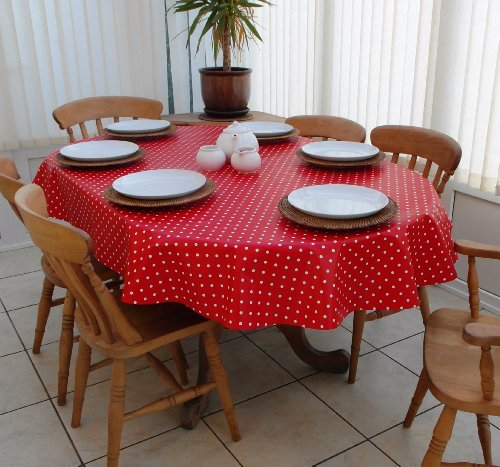 140x200cm OVAL PVC/VINYL TABLECLOTH - RED & WHITE POLKA DOT