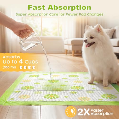 Image of MIZOK Puppy Pads 22 inchx22 inch, Dog Pee Pads 6-Layer Super Absorbent & Leak-Proof, Daisy Pattern, 4-Corner Adhesive Tabs, Wee Wee Pads for Puppies & Small Dog Breeds, Regular Size (50 Counts)