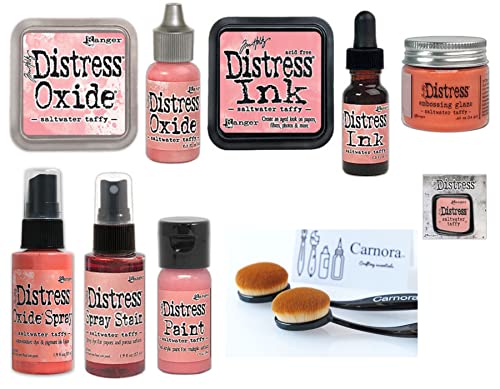 Tim Holtz Distress Saltwater Taffy, February 2022 Release, Distress Ink Pad/Reinker, Oxide Ink Pad/Reinker, Embossing Glaze, Flip Top Paint, Oxide Spray, Spray Stain, 2 Carnora Brushes, Enamel Pin