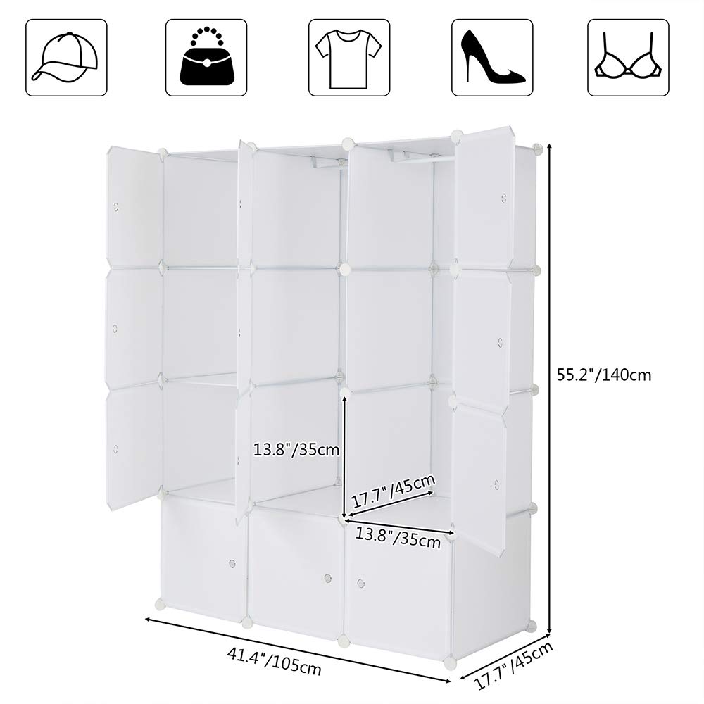 LEADZM Regalsystem, 12 Würfel, Kunststoff-Kleiderschrank mit Türen, Modulares Schranksystem zur platzsparenden Aufbewahrung, 105 x 45 x 140 cm, Weiß,