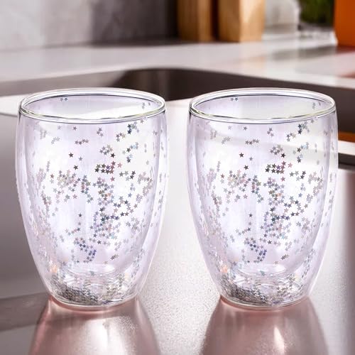 Image of The Better Home Double Wall Borosilicate Glass Cups Coffee Mugs | Teacups Set of 2-350ml Each |Starry Design | High Thermal Resistance | Microwave /Dishwasher Safe | Transparent Storage Jars.