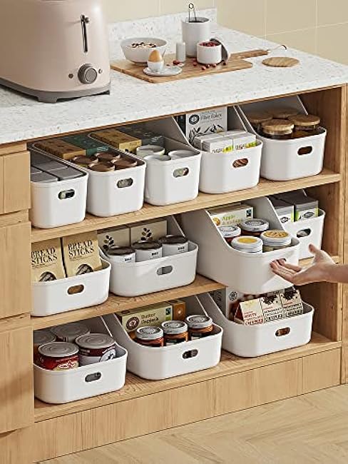 White Plastic Bins / Storage Organizers - Pantry Baskets, Bins for Shelves, Organizer and Storage for Bathroom, Bedrooms, Kitchens and More - Small Size (3 Pack)