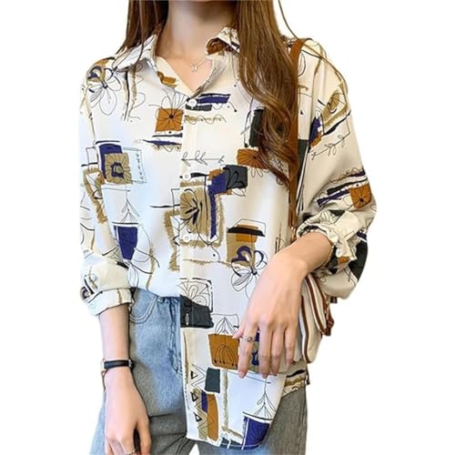 Image of ROYALICA Women's Short Sleeve Drop Shoulder Collared Blouse Button Down Graphic Print Blouse Shirts Top