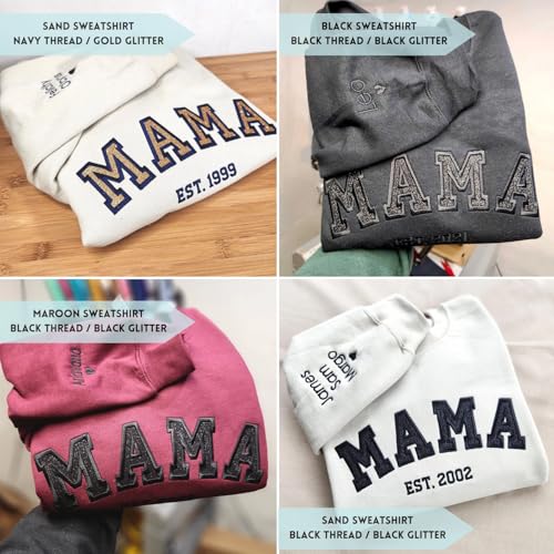 NAZENTI Personalized Embroidered Glitter Mama Sweatshirt With Kid Names On Sleeve, Mother’s Day Pullover, Grandma Crewneck, New Mom Apparel, Women’s Holiday Sweater, Gifts For Mothers Day D03