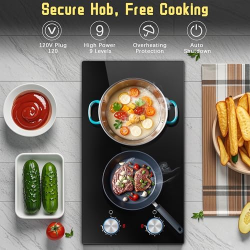 2 Burner Electric Cooktop, 12 Inch Electric Stove Top, 120V Stove Top Burner Knob Control, 2000W Countertop Stove with Timer, 9 Heating Levels, Overheat Protection, High-Temp Alarm Pladeca - 4