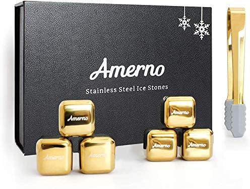 Whiskey Stones Gift Set Luxury Stainless Steel Whiskey Ice Cubes Set of 6 Reusable Golden Whiskey Rocks + Ice Tong + Gift for Men - Amerno