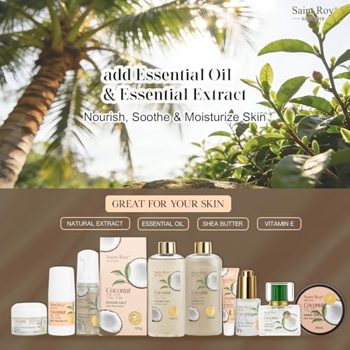 Image of Bath and Body Basket Set TEA TREE & COCONUT Spa Gift Basket for Women & Men | 30Pcs Unique Bath Gift Baskets Gifts, Home Spa Kit Christmas Gifts, Face Skin Care Kit, birthday gift baskets for Dad Mom
