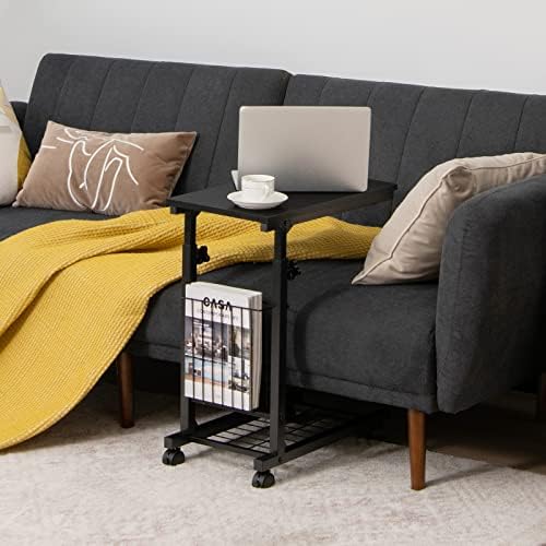 COSTWAY C-Shaped Sofa Side Table, Height Adjustable Mobile Laptop Desk Coffee End Table with Storage Basket, Shelf and Wheels, Snack Overbed Table for Living Room Bedroom Balcony (Black)