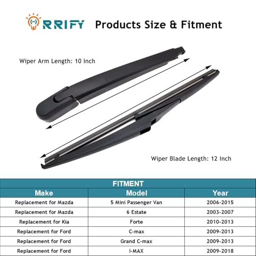 ORRIFY Rear Windshield Wiper Blade Arm Set for Mazda 5 Mini Passenger Van 2006-2015, for Mazda 6 Estate 2003-2007 Rear Windsheild Back Wiper Arm and wiper Blade with Cover Assembly - 310mm 12 inch