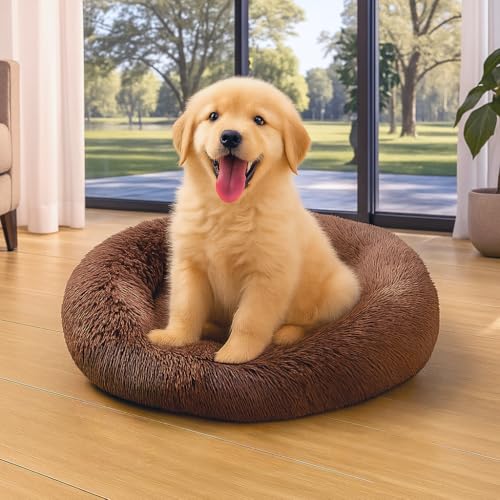 Image of RvPaws Calming Dog & Cat Bed for Small Dogs, Anti-Anxiety Donut Cuddler Cozy Soft Round, Fluffy Faux Fur Plush Cushion Beds for Medium Dogs - (Brown Color, 20 Inch, Small Size)